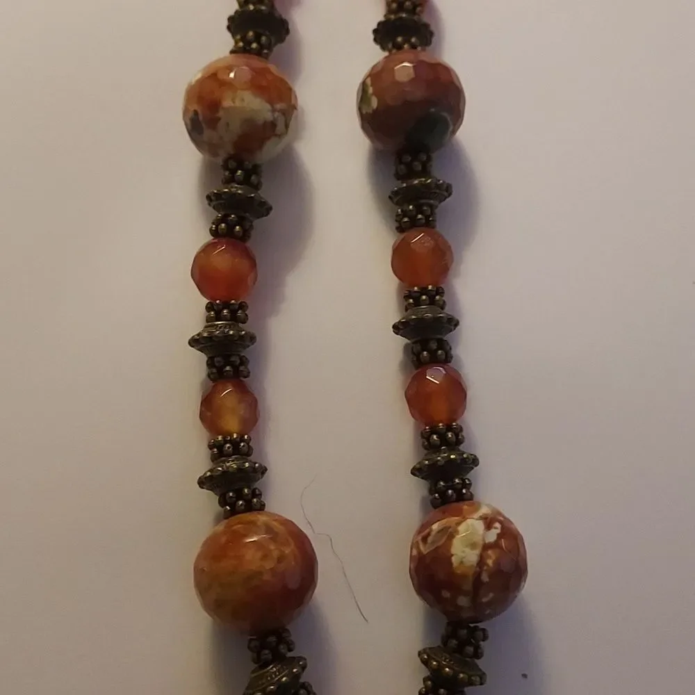 Handmade boho necklace beaded rust brown and bronze collar charm pendant